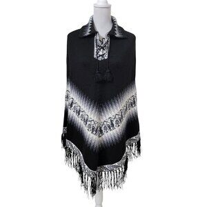 Alpaca Connection Size: One Size Black & White Alpaca Fringed Knit Poncho